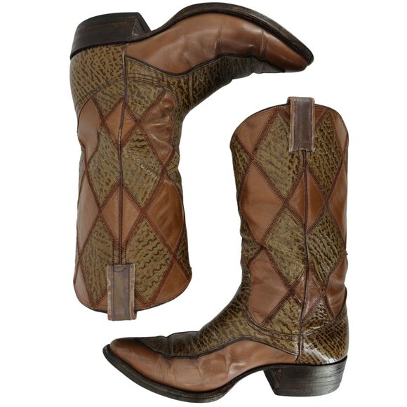 Vintage Nocona Boots Exotic Shark skin + Leather Diamond Patchwork Cowboy Men 9D - Picture 8 of 14